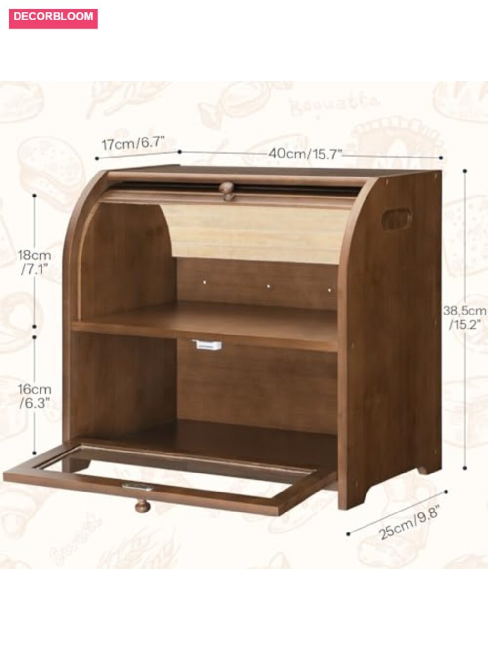 Bamboo 2-Tier Roll-Top Bread Box Storage for Kitchen Countertop - Picture 2 of 6
